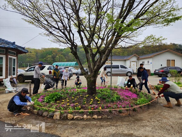 ▲계룡시 도시‧치유농업연구회원들이 꽃을 심고 있다. 사진=계룡시